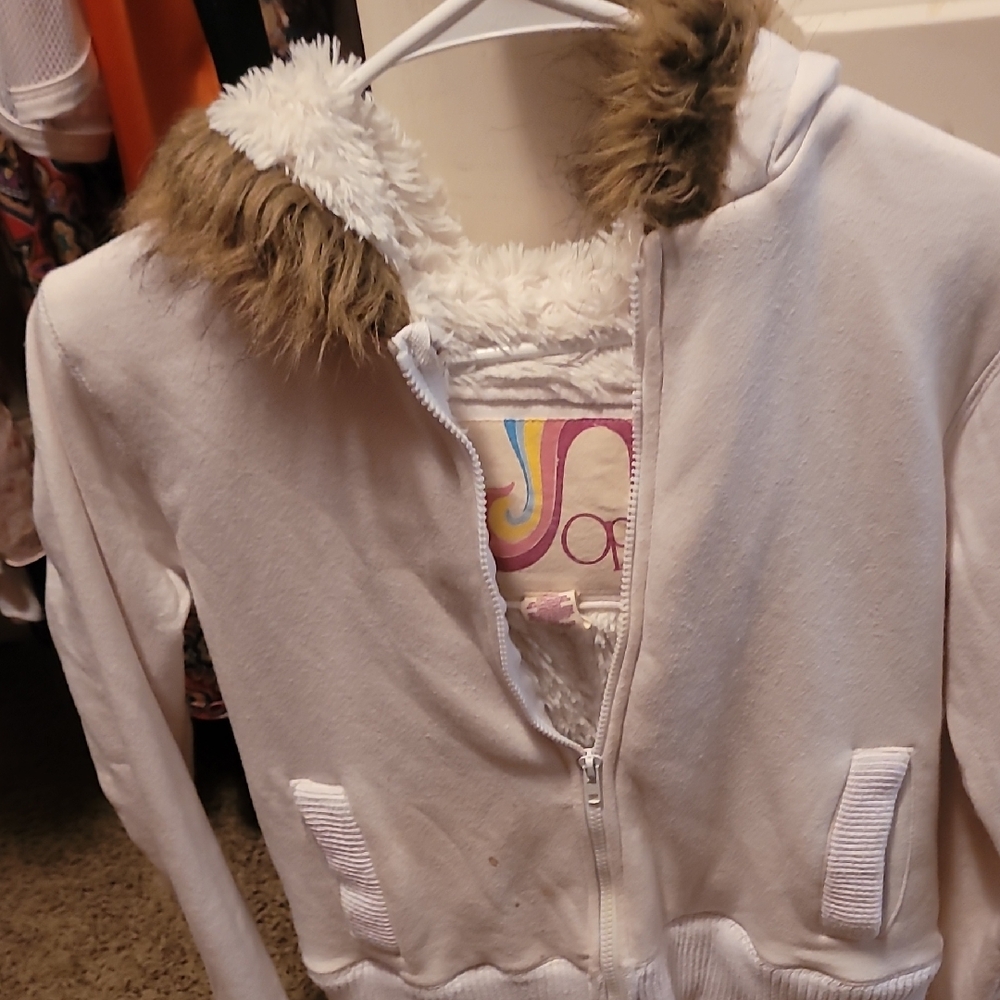 OP White Kids Jacket with Faux Fur Trim